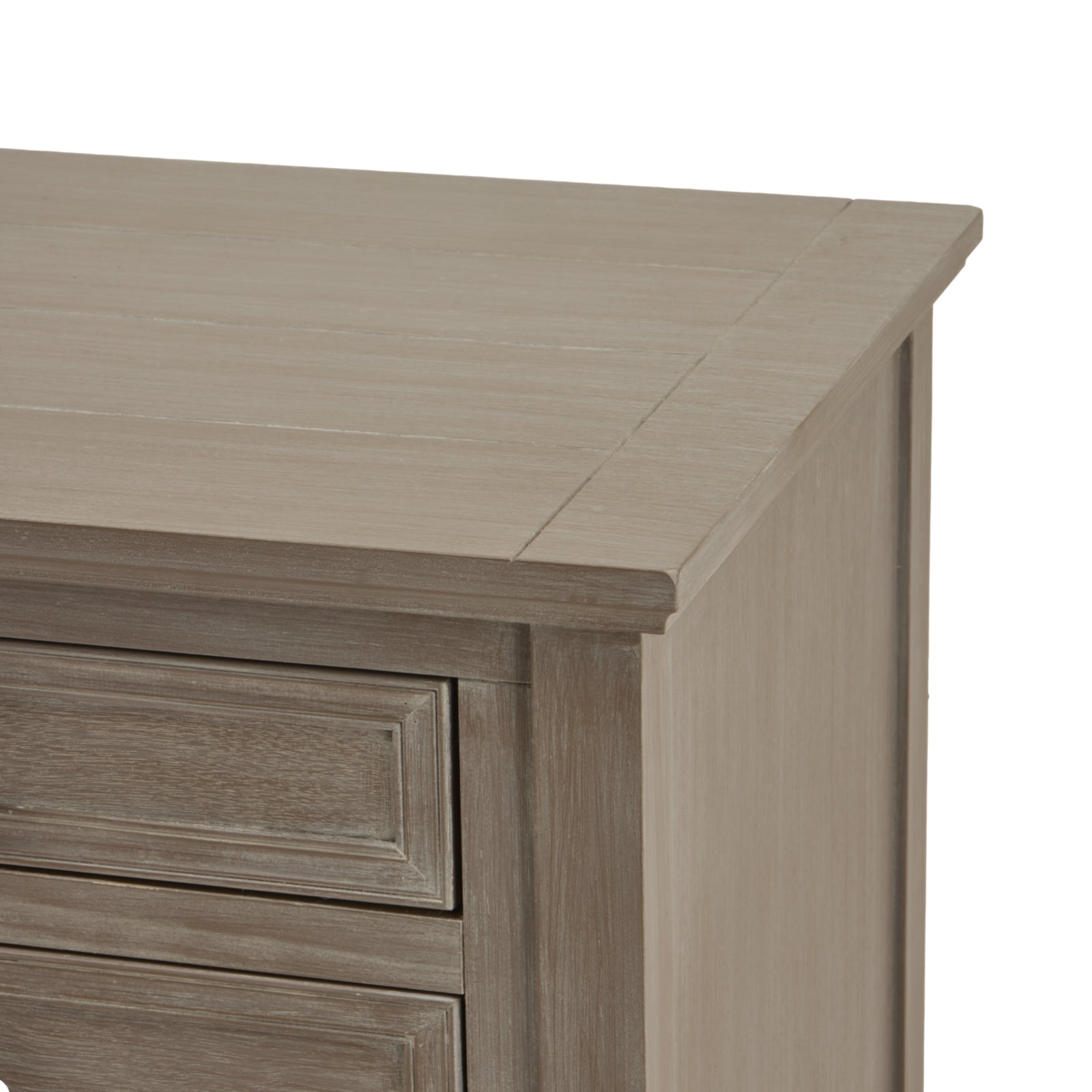 Sophisticated three-drawer bedside table in a refined distressed grey finish, showcasing elegant details and functional design.