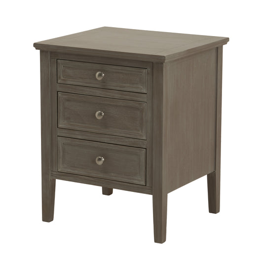 Three-drawer bedside table in a refined distressed grey finish, featuring elegant craftsmanship and versatile design.