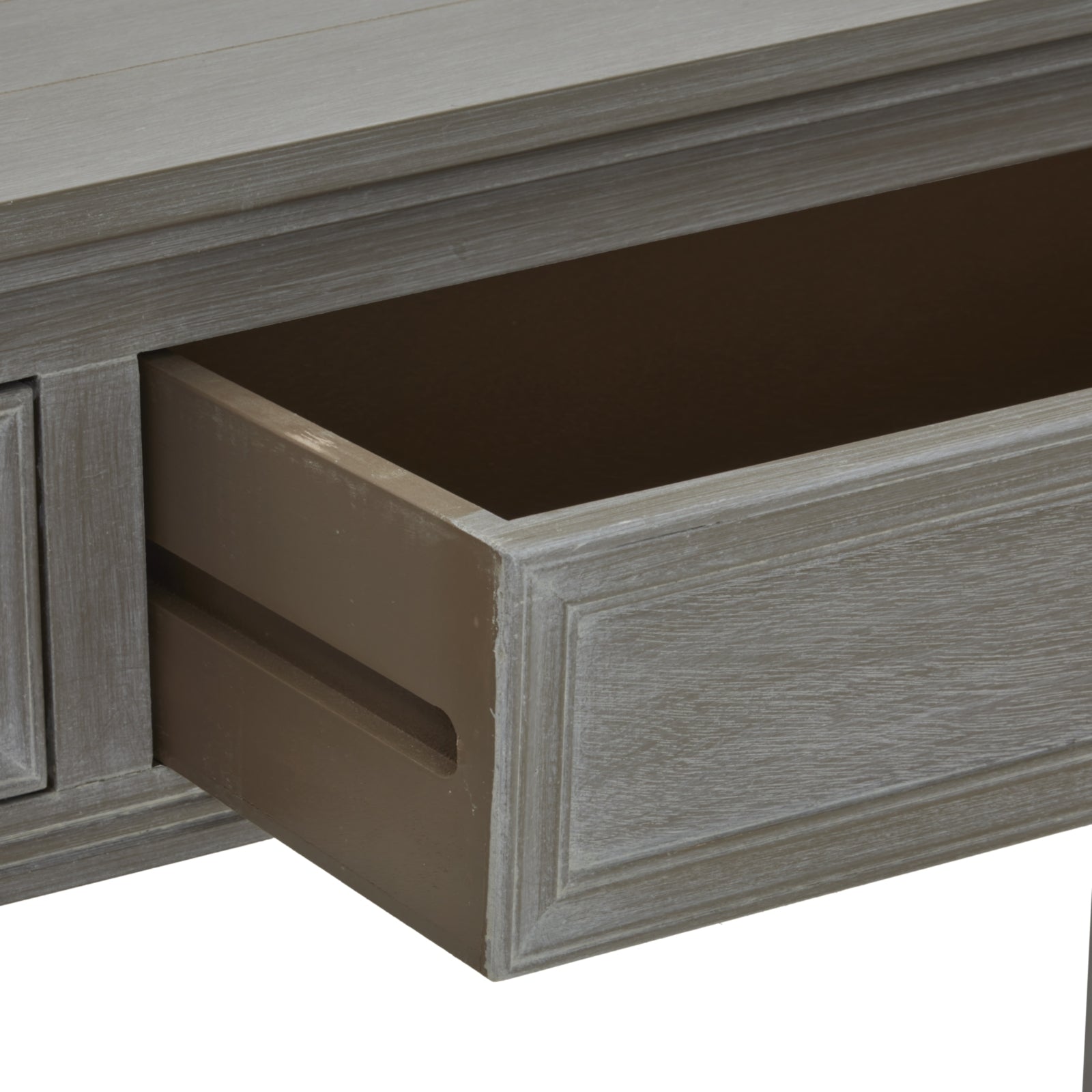 Light gray console table showcasing a polished design with two drawers, featuring refined details and exceptional craftsmanship.