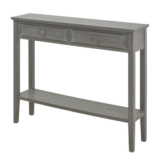 Gray two-drawer console table with a sleek silhouette, featuring polished handles and a lower shelf for added storage.