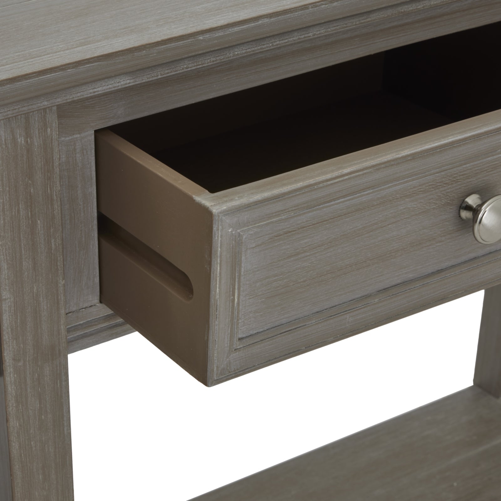 Distressed grey console table featuring four spacious drawers with refined detailing, adding elegance to any living space.