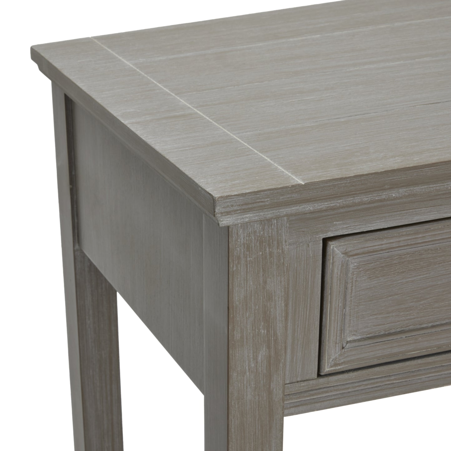 Distressed grey console table featuring a smooth top and intricately detailed drawers, offering ample storage and timeless elegance.