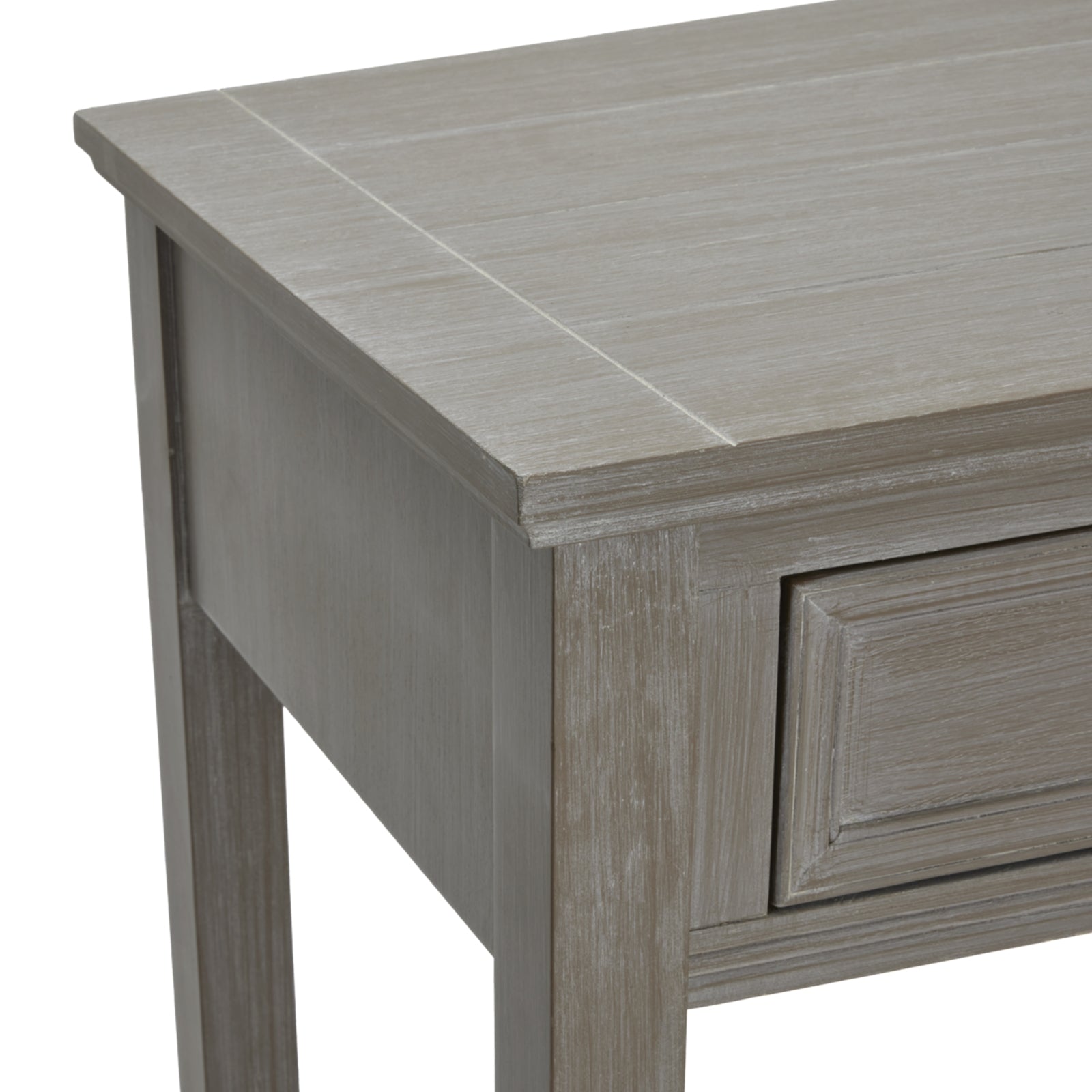 Distressed grey console table featuring a smooth top and intricately detailed drawers, offering ample storage and timeless elegance.