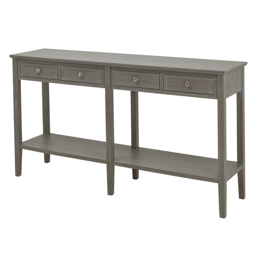 Four-drawer console table in distressed grey, featuring intricate detailing and a lower shelf for added storage and style.