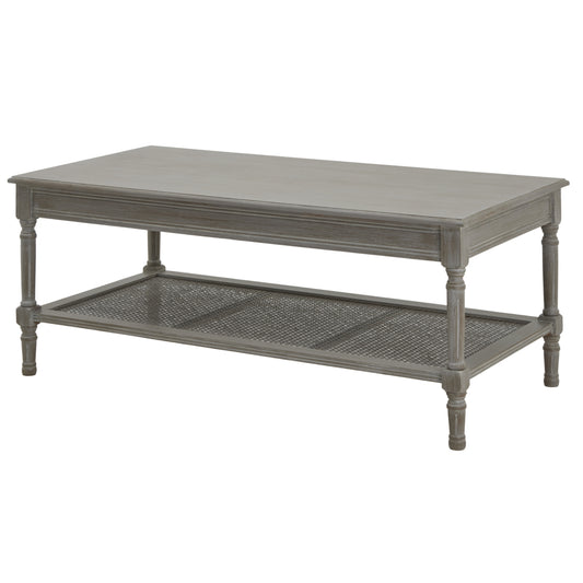 Red coffee table with a sleek design, intricate rattan weave, and tapered legs, ideal for various decor styles.