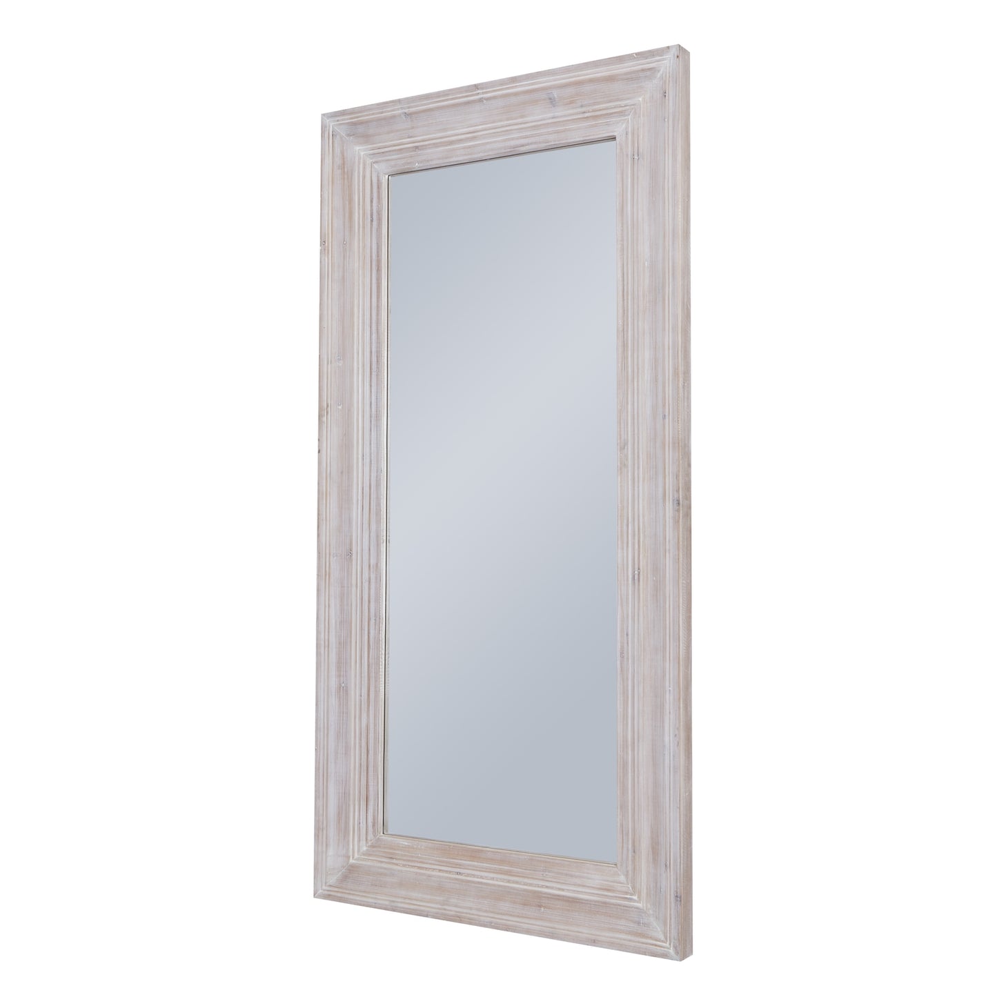Large wall mirror with a weathered white wood frame, perfect blend of rustic charm and modern elegance, ideal for any space.