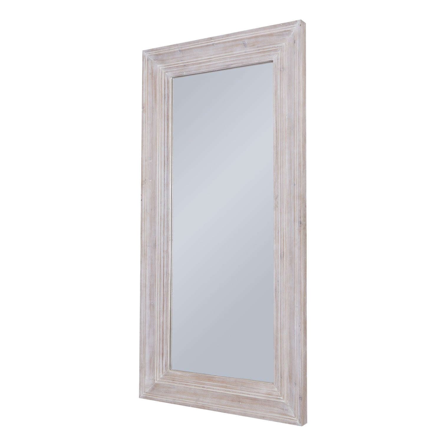 Large wall mirror with a weathered white wood frame, perfect blend of rustic charm and modern elegance, ideal for any space.