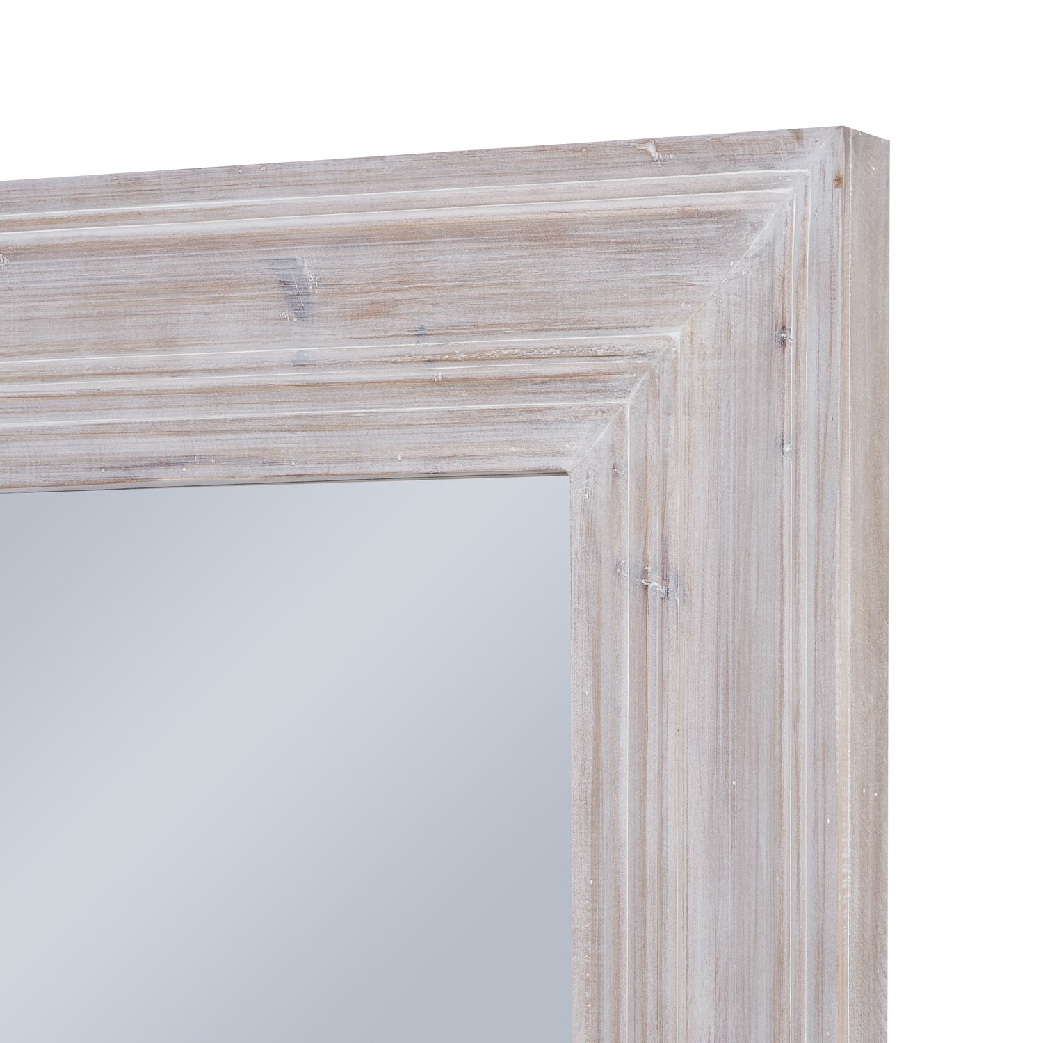 Large white-washed wall mirror with a weathered wood frame, blending rustic charm and modern elegance for any decor.