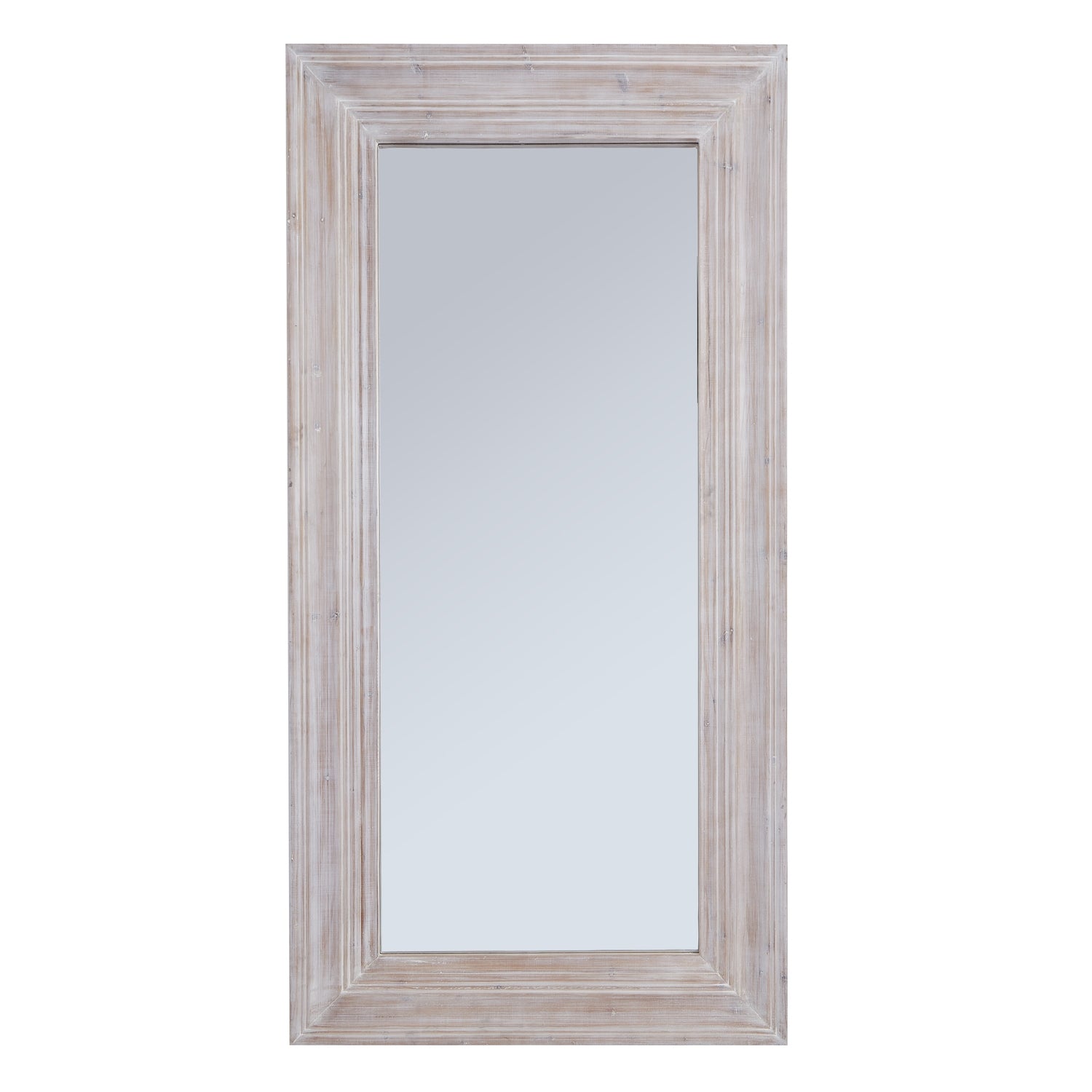 Large rectangular mirror with a white washed weathered wood frame, blending rustic charm and modern elegance, ideal for any decor.