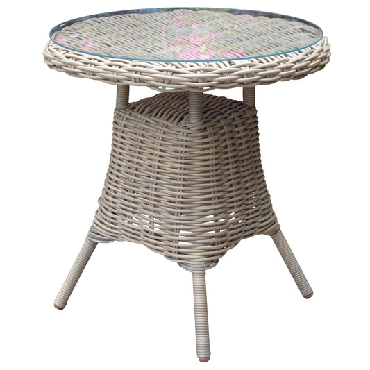 Round outdoor bistro table with a woven base and clear glass top, perfect for cozy gatherings and durable against elements.