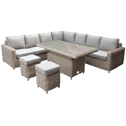 Luxurious outdoor corner set with grey cushions, glass-top riser table, and two matching stools, crafted from durable woven material.