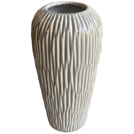 Sleek tall vase with a textured fleck pattern, finished in a refined aged stone color, perfect for modern and traditional decor.