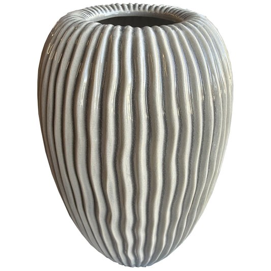 Large striped vase in soft gray tones featuring a distinctive ribbed texture and elegant, balanced shape, ideal for decoration.