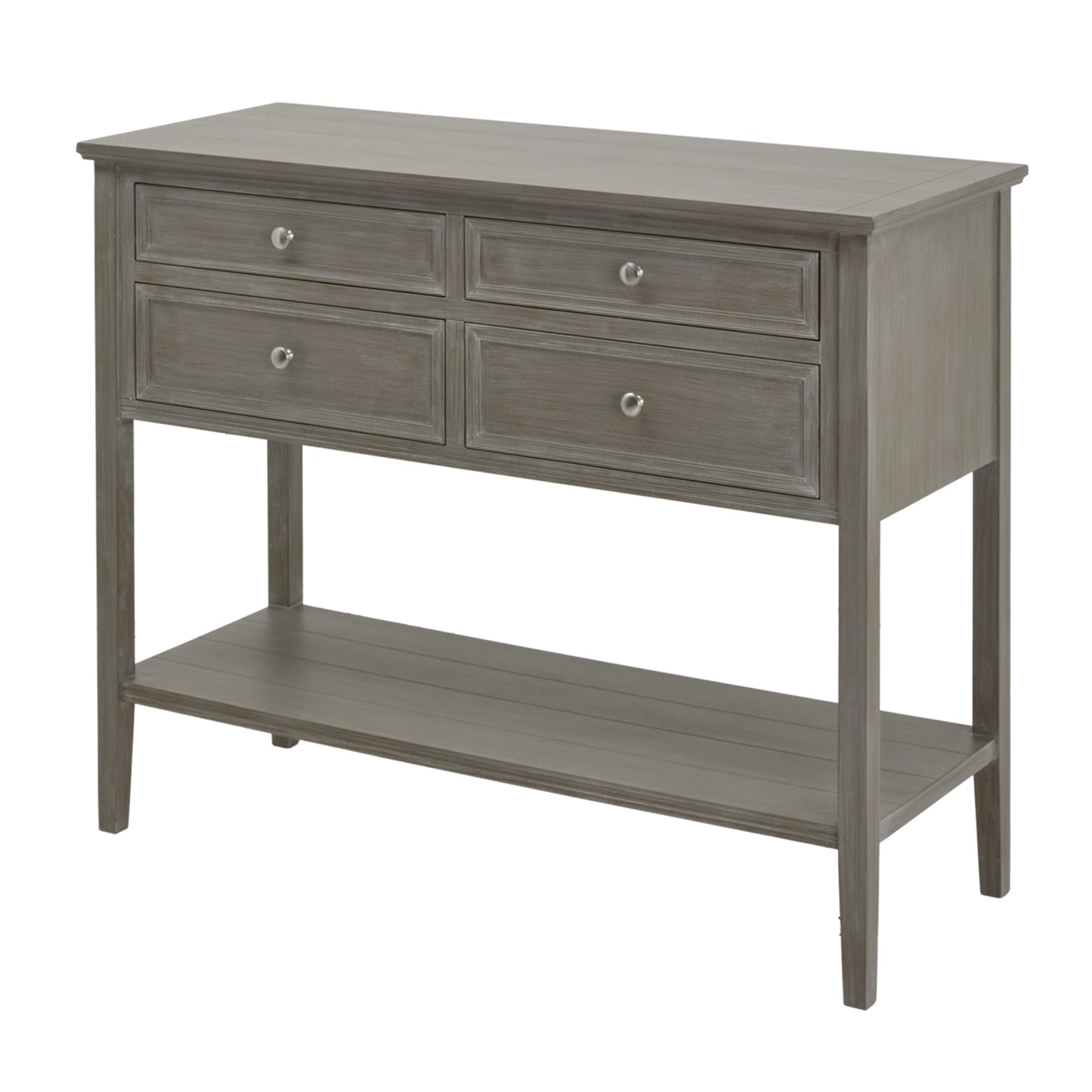 Two-over-two console table in a soft gray finish, featuring four drawers with silver knobs and an open lower shelf for storage.