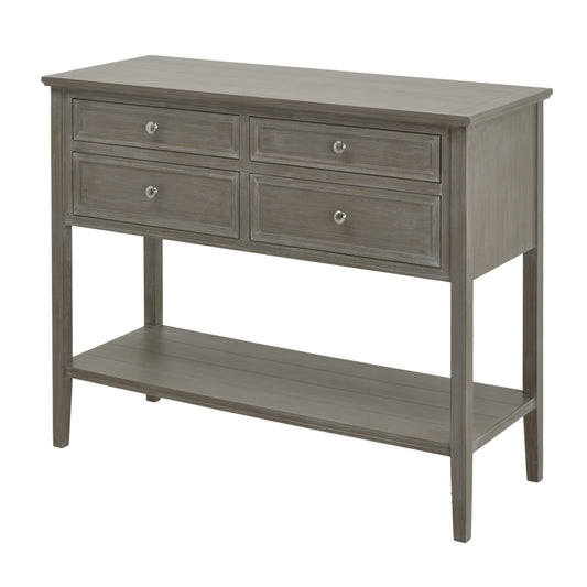 Two-over-two console table in a soft gray finish, featuring four drawers with silver knobs and an open lower shelf for storage.