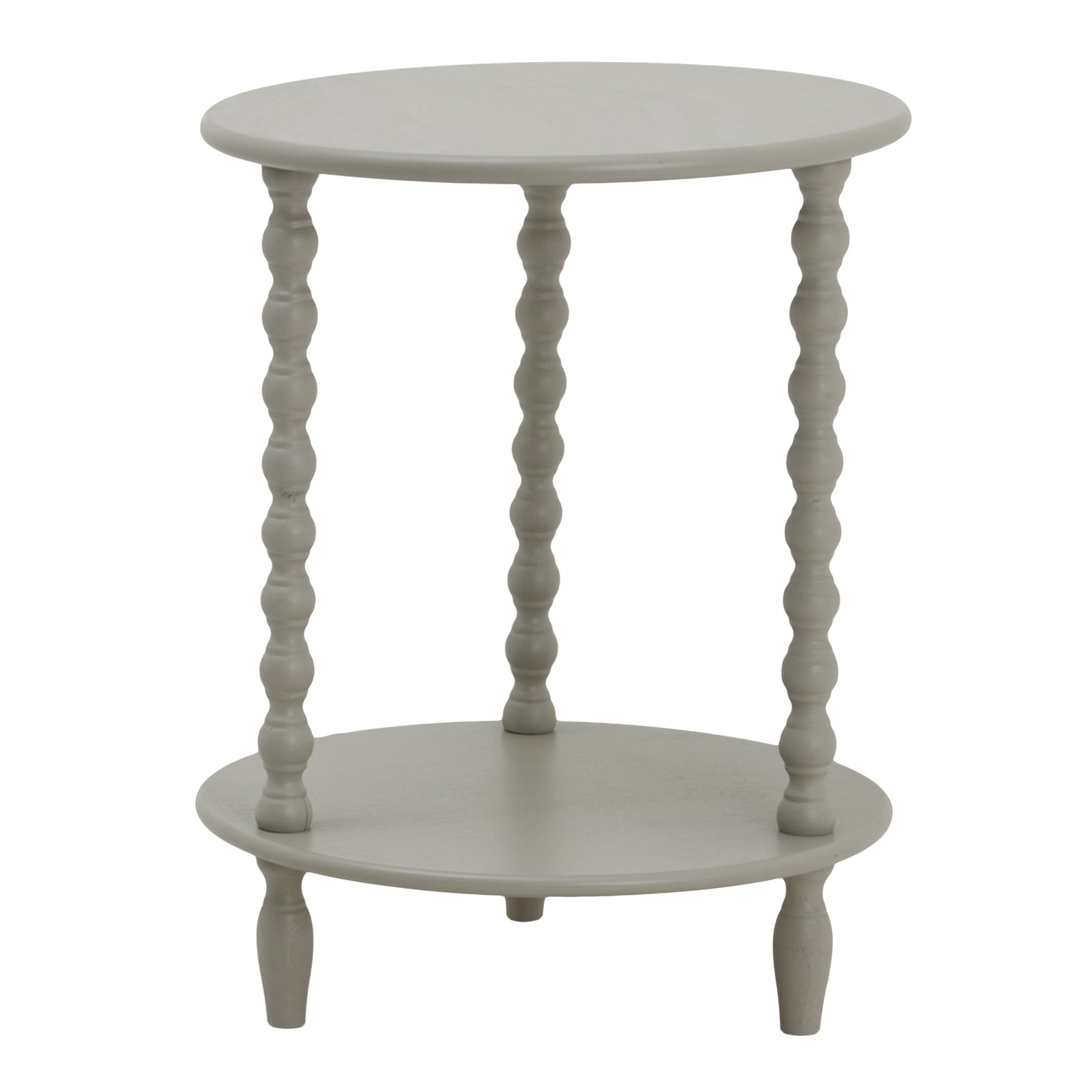 Round side table in a soft gray finish with twisted legs and a circular top, offering a blend of modern style and practical design.