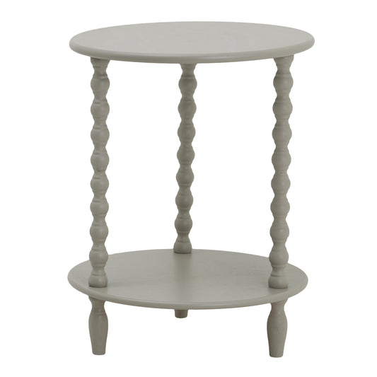 Round side table in a soft gray finish with twisted legs and a circular top, offering a blend of modern style and practical design.