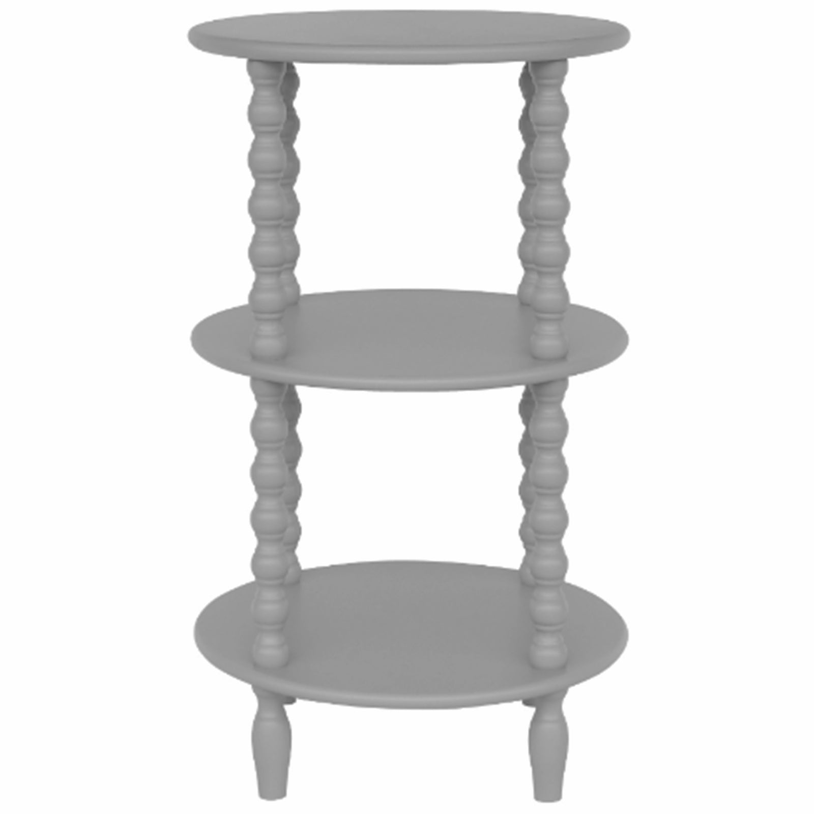 Tall, round side table in light gray with three circular shelves and elegantly turned legs, blending style and functionality.