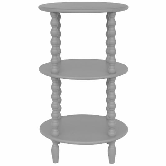 Tall, round side table in light gray with three circular shelves and elegantly turned legs, blending style and functionality.
