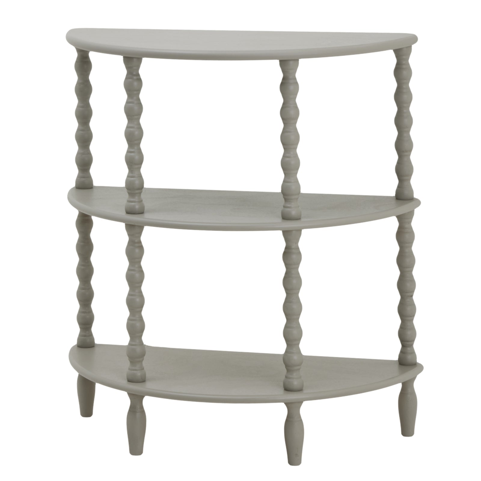 Elegant half-moon console table in soft gray, featuring three tiers with twisted spindle legs, perfect for display and storage.