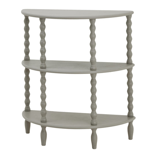 Elegant half-moon console table in soft gray, featuring three tiers with twisted spindle legs, perfect for display and storage.