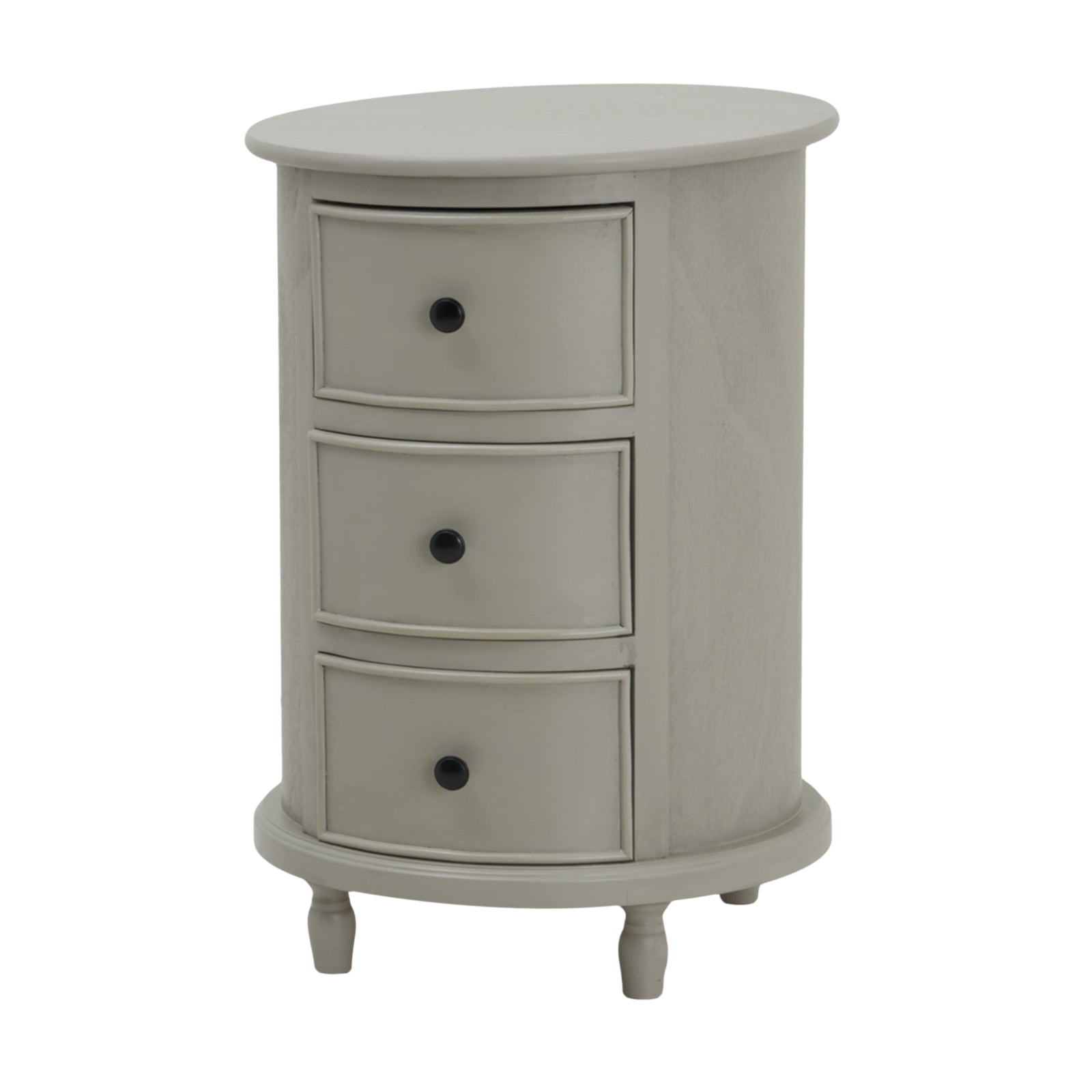 Round side table in soft gray with three drawers and black knobs, featuring elegant craftsmanship and a compact design.
