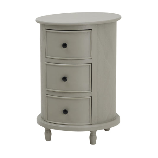 Round side table in soft gray with three drawers and black knobs, featuring elegant craftsmanship and a compact design.