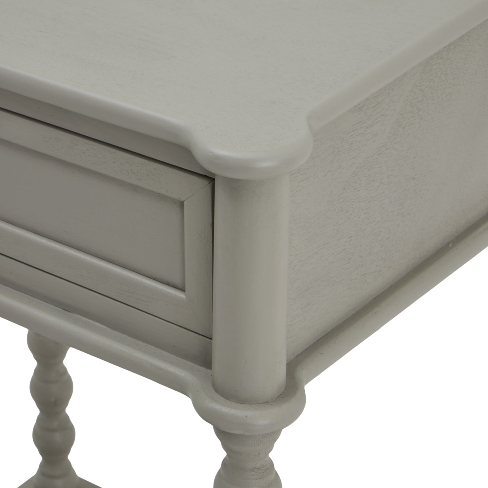 Sleek, light gray side table featuring a single drawer and elegant, rounded edges, perfect for stylish storage.