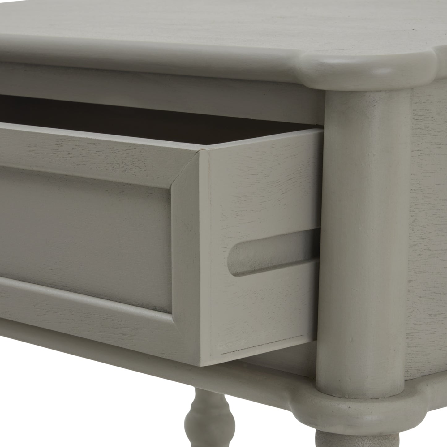 Light gray side table with a single drawer, showcasing rounded edges and elegant craftsmanship for a minimalist home decor.
