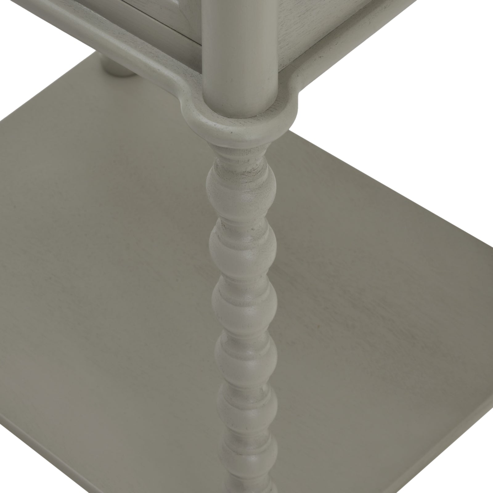 Light gray one-drawer side table featuring a clean, minimalist design with a smooth top and turned wooden legs, ideal for elegant storage.