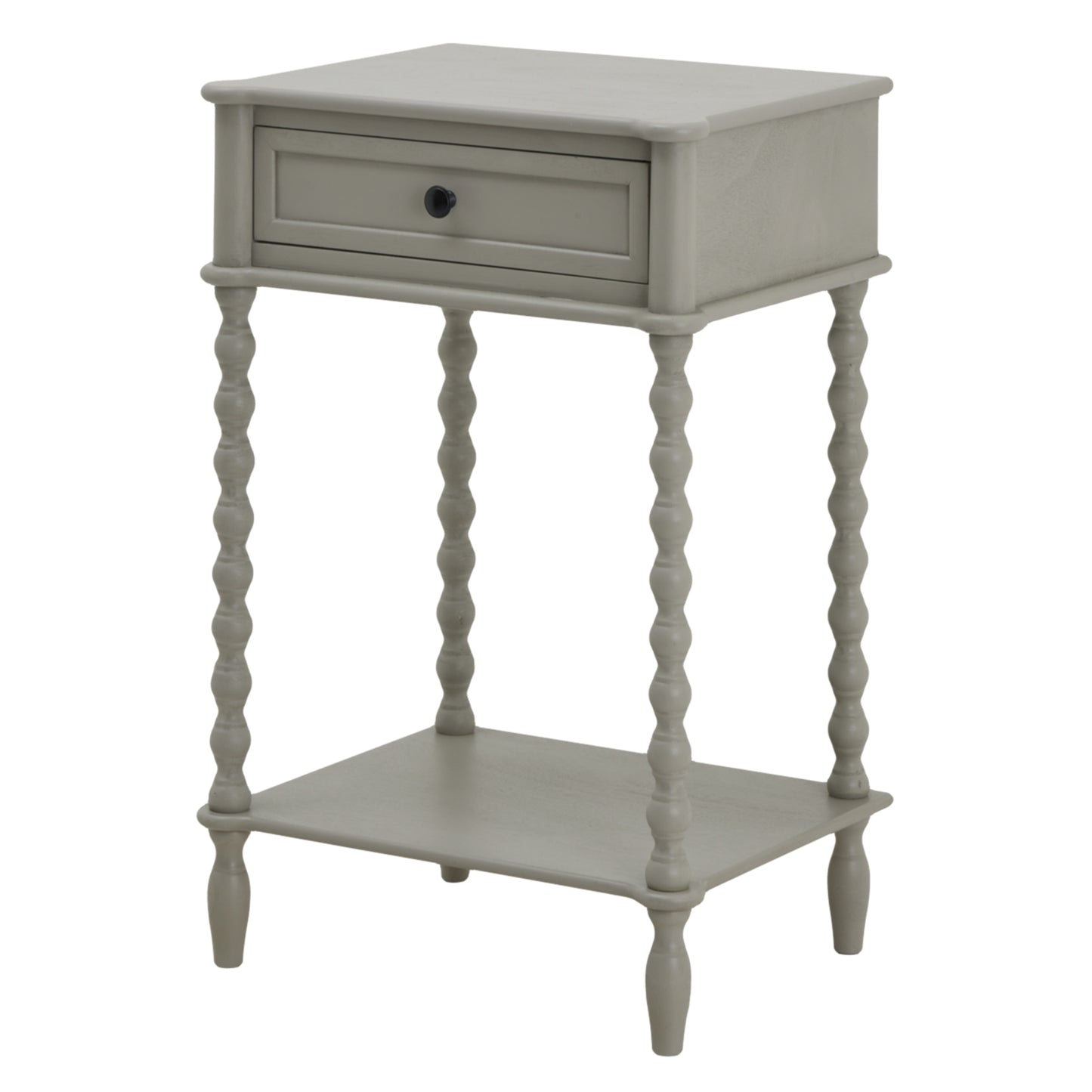 Elegant gray side table with a single drawer, twisted legs, and a bottom shelf, perfect for stylish storage in any decor.