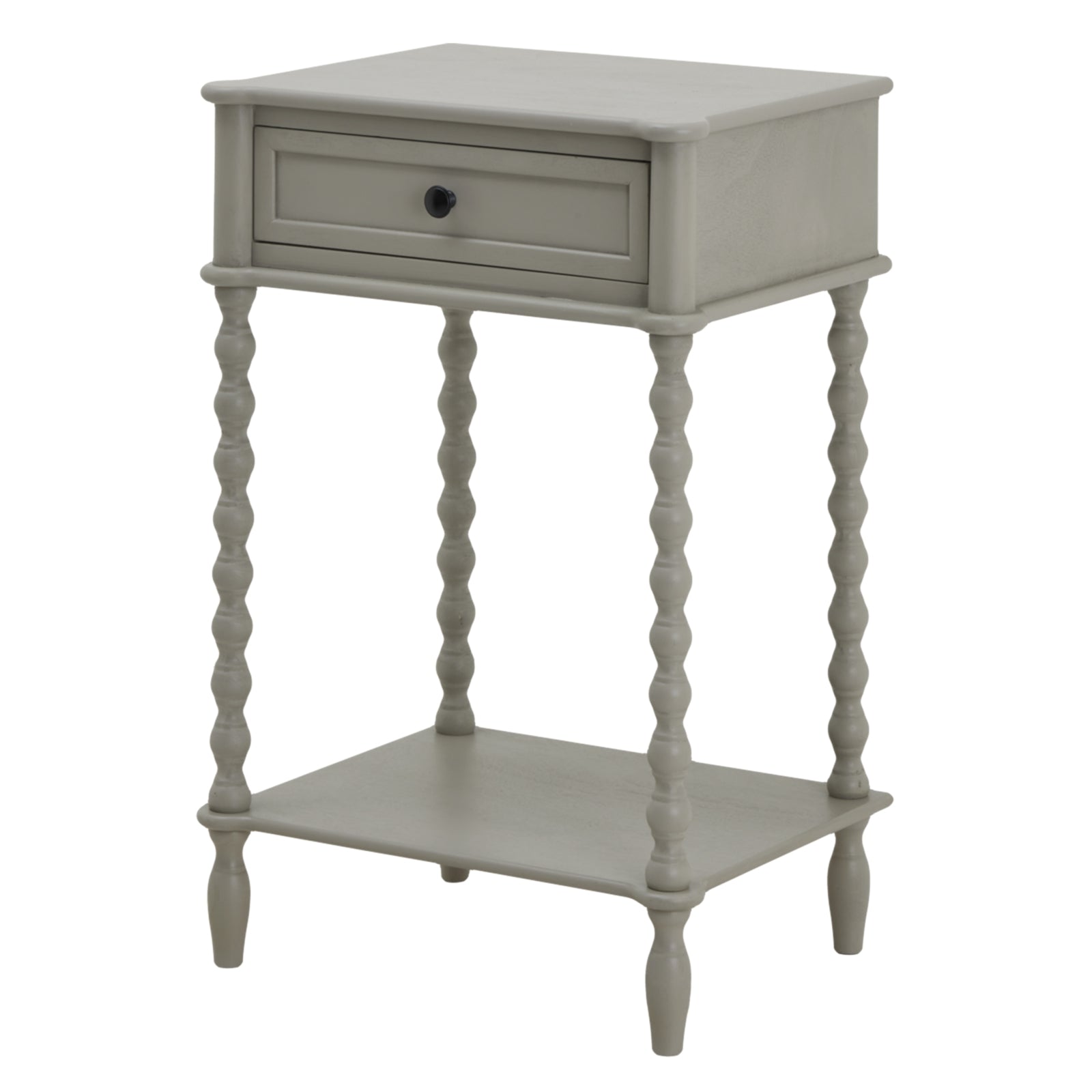 Elegant gray side table with a single drawer, twisted legs, and a bottom shelf, perfect for stylish storage in any decor.