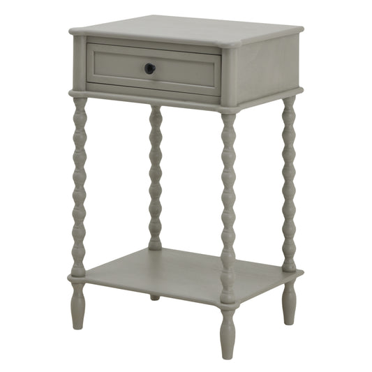 Elegant gray side table with a single drawer, twisted legs, and a bottom shelf, perfect for stylish storage in any decor.