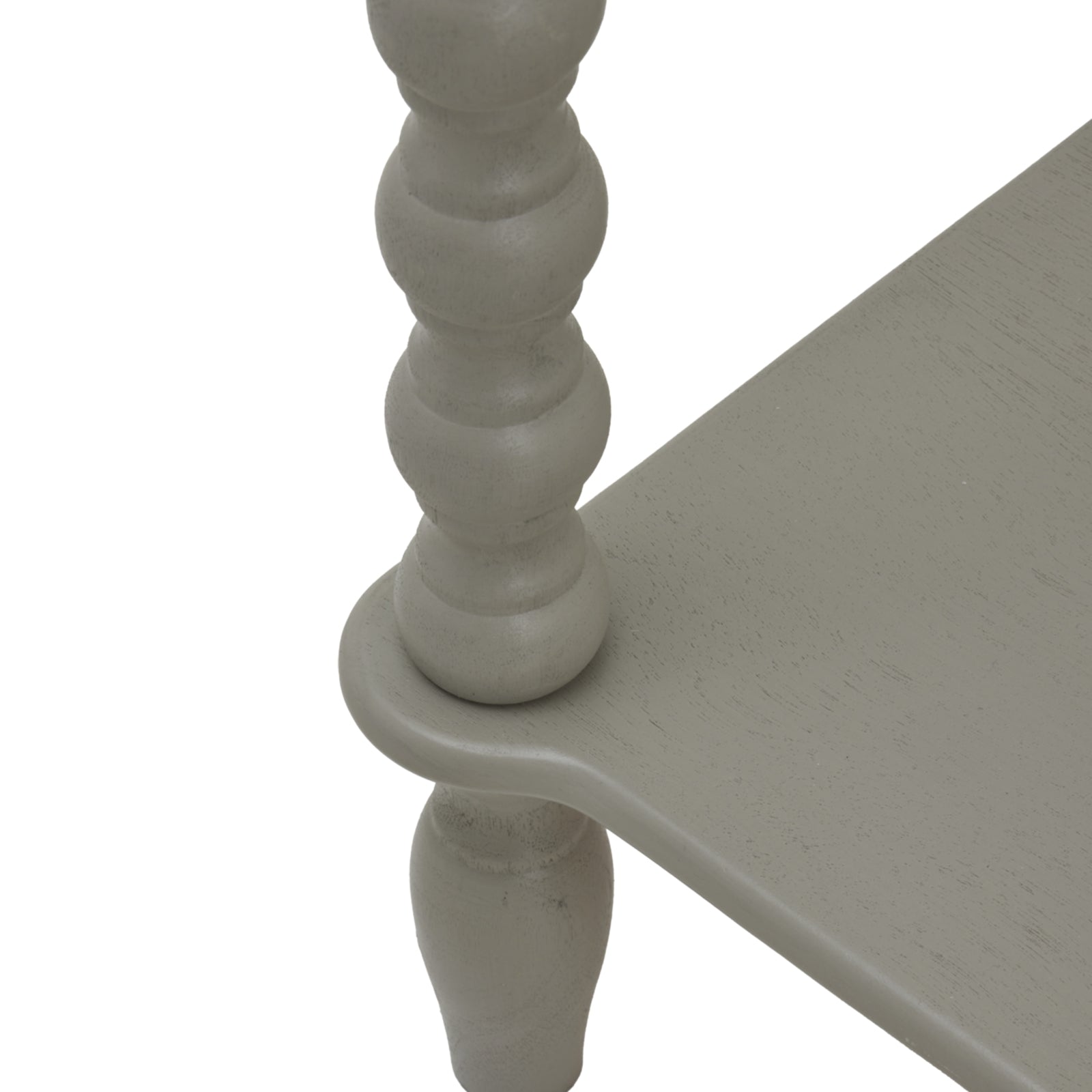 Elegant two-drawer console table in a soft gray finish, featuring finely turned legs and smooth, rounded edges for timeless appeal.
