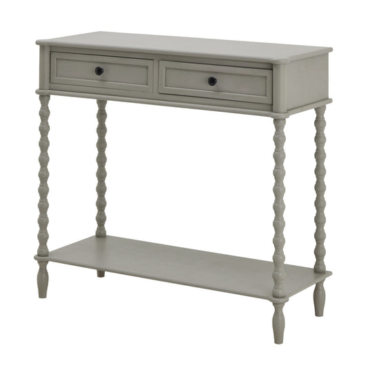 Two-drawer console table in soft gray with turned legs, featuring clean lines and elegant craftsmanship, perfect for any decor.