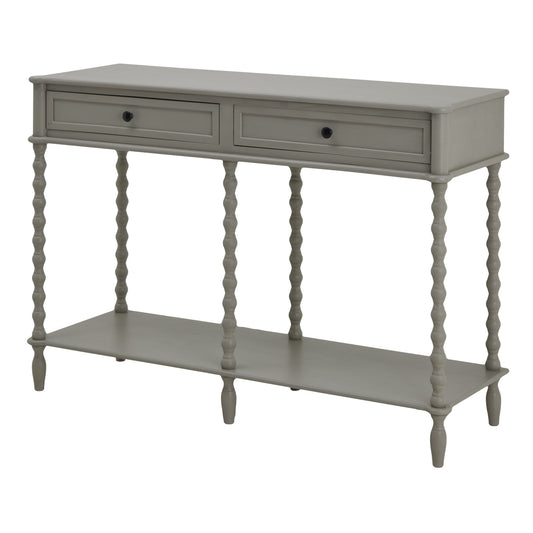 Large console table in soft gray with two drawers and elegantly turned legs, offering stylish storage and display.