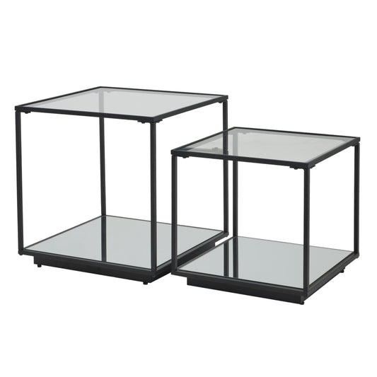 Sleek black-framed set of two side tables with glass tops, showcasing a modern, industrial design perfect for stylish interiors.