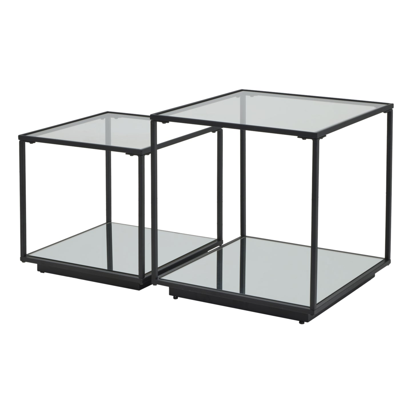 Sleek black-framed set of 2 side tables with glass tops, showcasing a modern, industrial design ideal for elegant interiors.