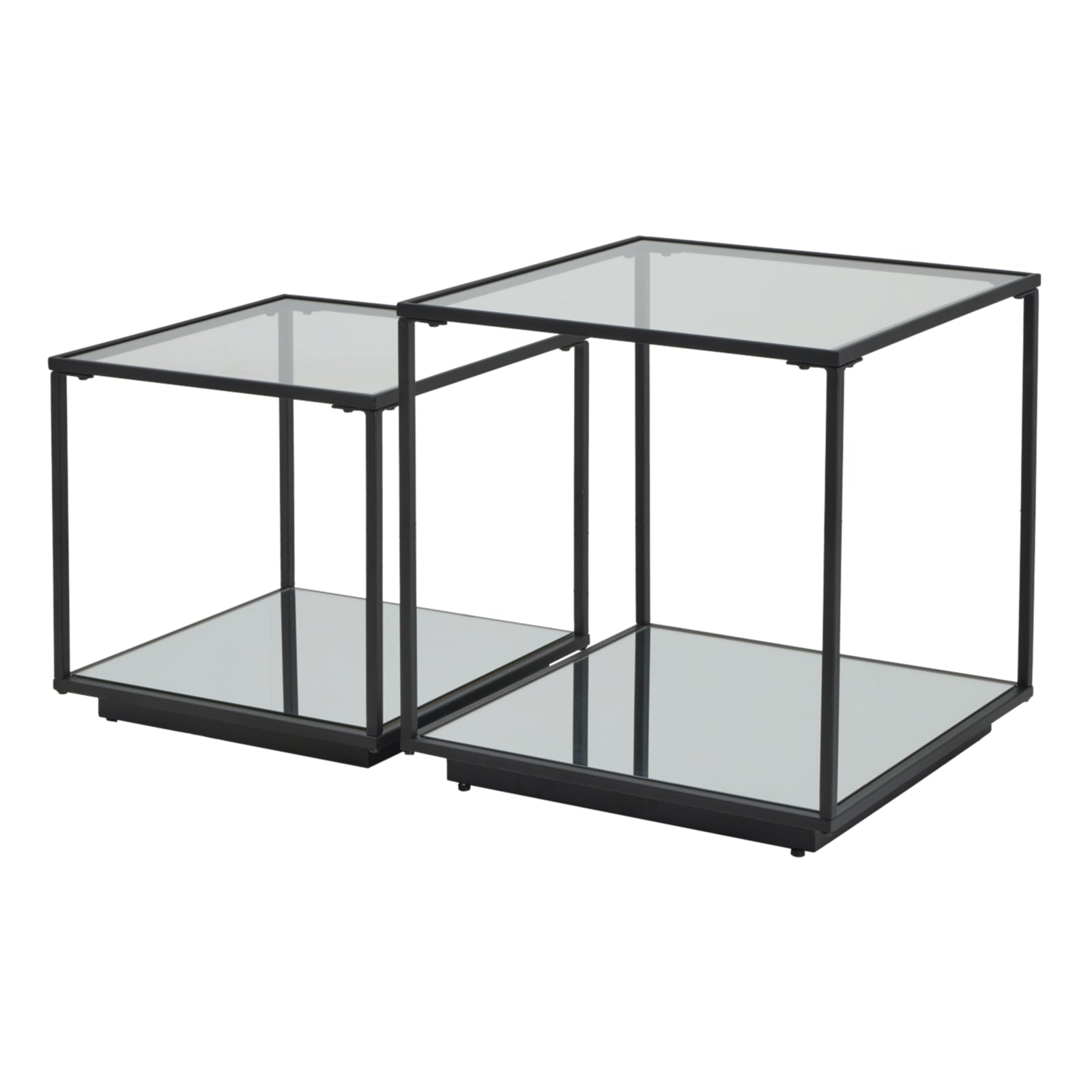 Sleek black-framed set of 2 side tables with glass tops, showcasing a modern, industrial design ideal for elegant interiors.