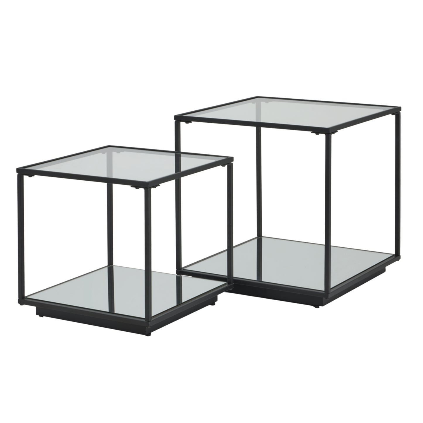 Sleek black-framed set of two modern side tables with glass tops, showcasing an industrial design perfect for contemporary decor.