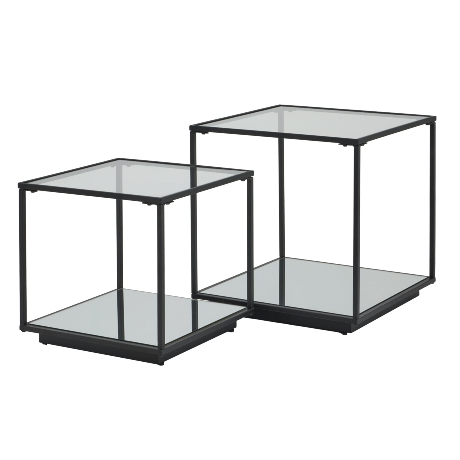 Sleek black-framed set of two modern side tables with glass tops, showcasing an industrial design perfect for contemporary decor.