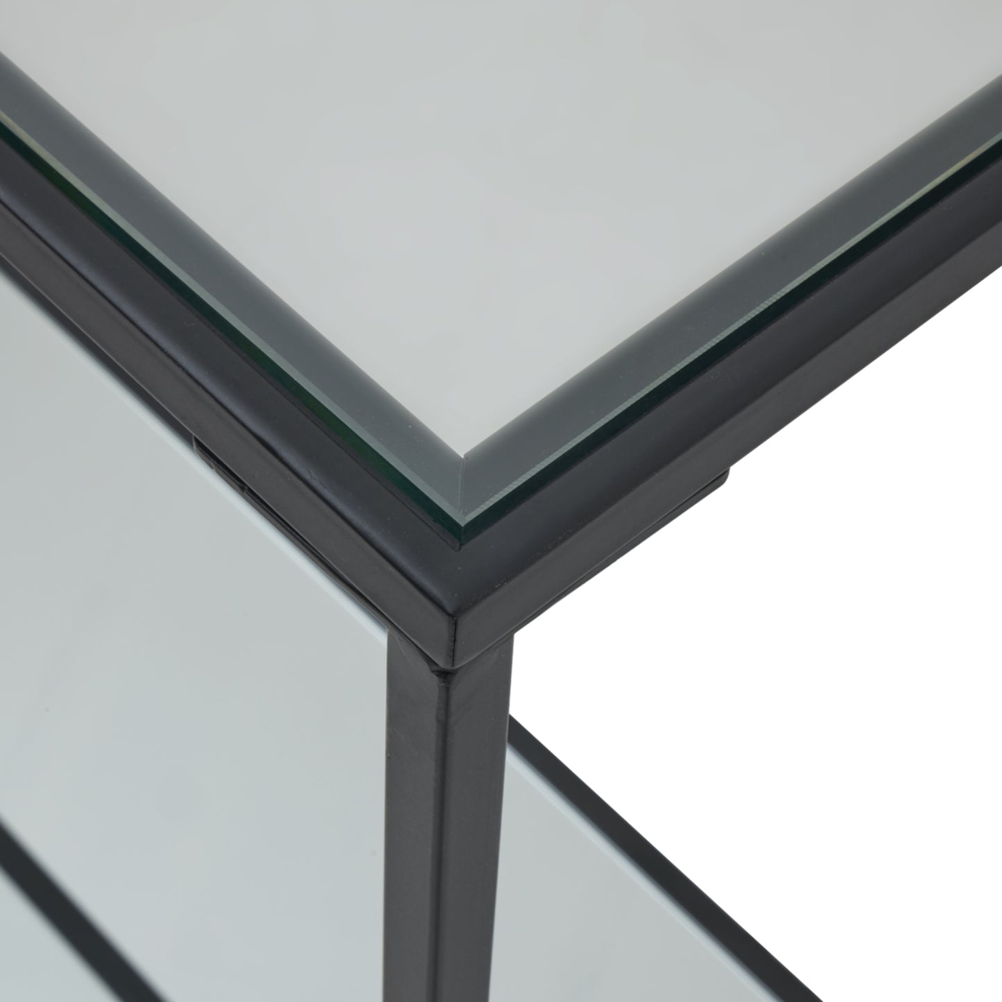 Sleek black-framed console table with a modern, minimalist design and glass top, perfect for adding sophistication to any room.