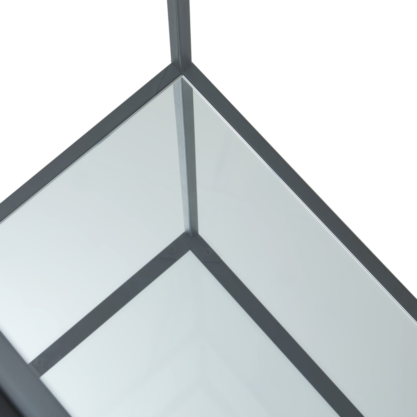 Sleek black-framed console table showcasing a modern, minimalist design with a glass top and sturdy geometric structure.