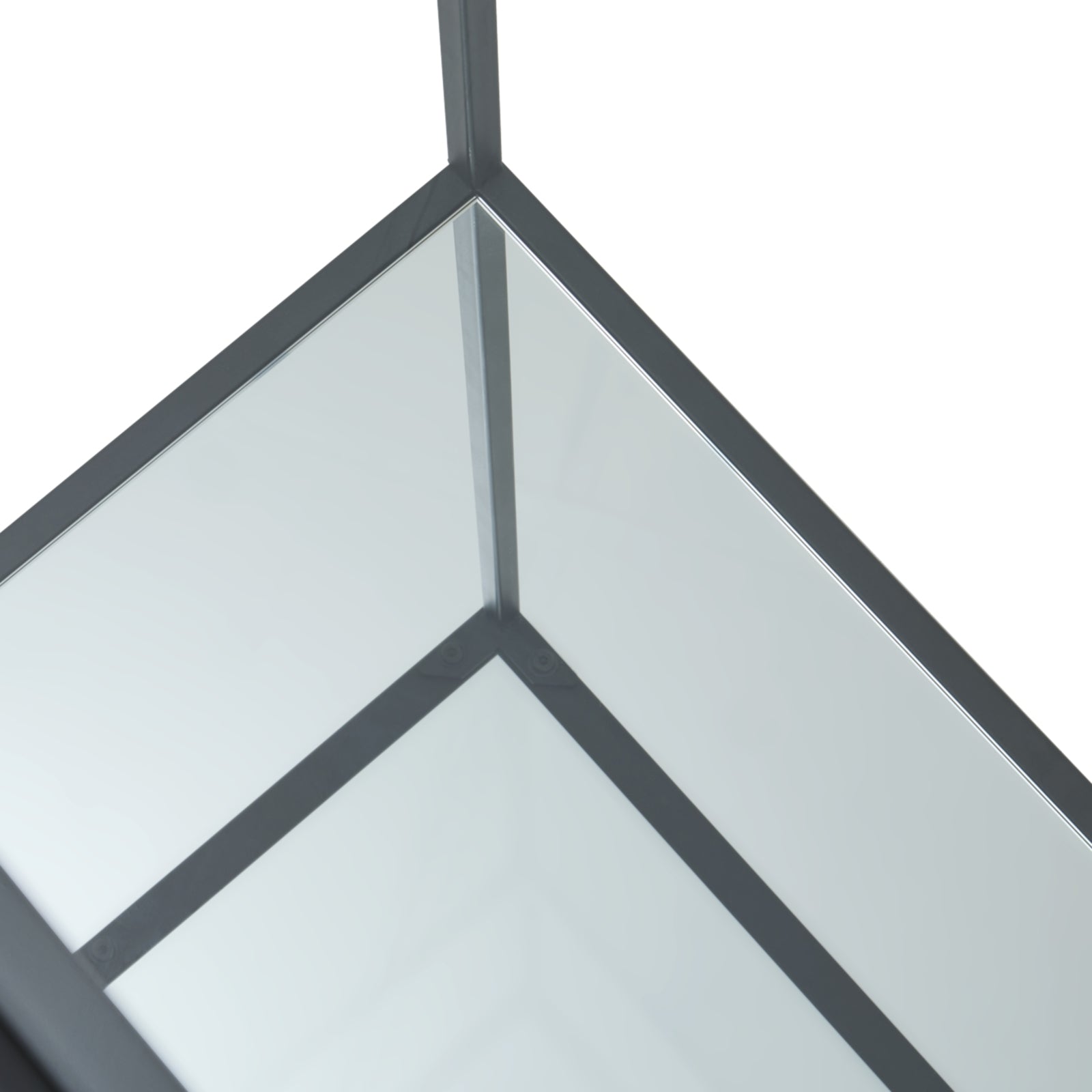 Sleek black-framed console table showcasing a modern, minimalist design with a glass top and sturdy geometric structure.
