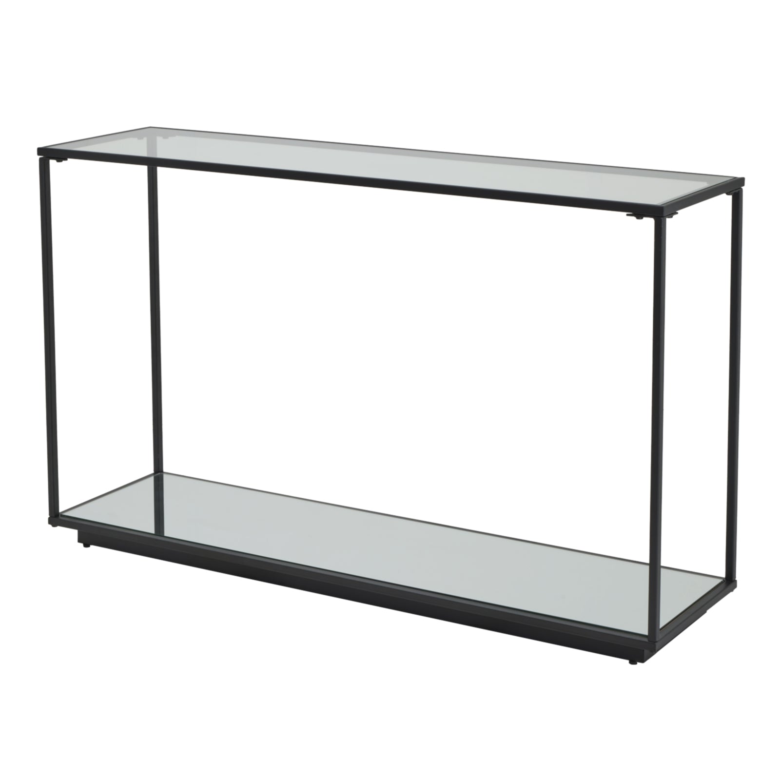 Sleek black-framed console table with glass shelves, showcasing a modern industrial minimalist design for elegant interiors.