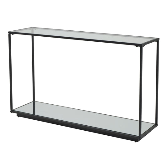Sleek black-framed console table with glass shelves, showcasing a modern industrial minimalist design for elegant interiors.