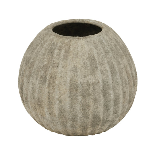 Round, textured vase in a soft gray hue, featuring ribbed detailing and a smooth opening, ideal for floral arrangements or standalone display.