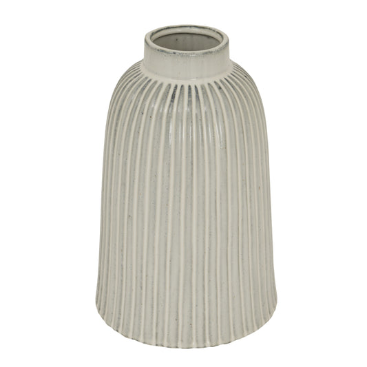 White bell vase with elegant ribbed design, featuring a graceful silhouette and crystal-clear transparency, perfect for sophisticated decor.