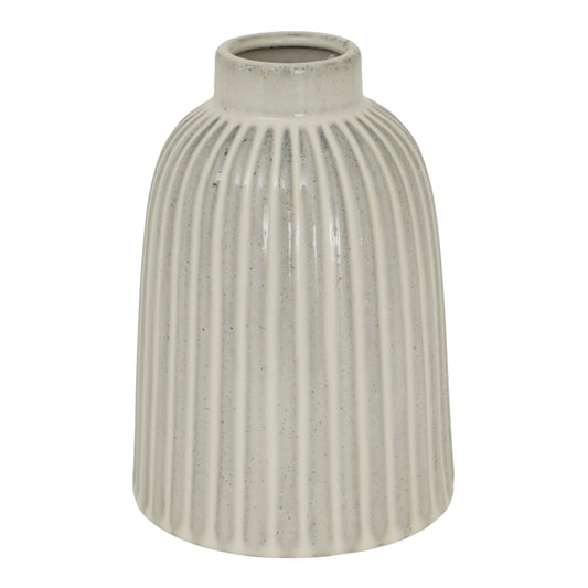 White medium bell vase with a ribbed texture, showcasing a graceful silhouette and modern sophisticated design.