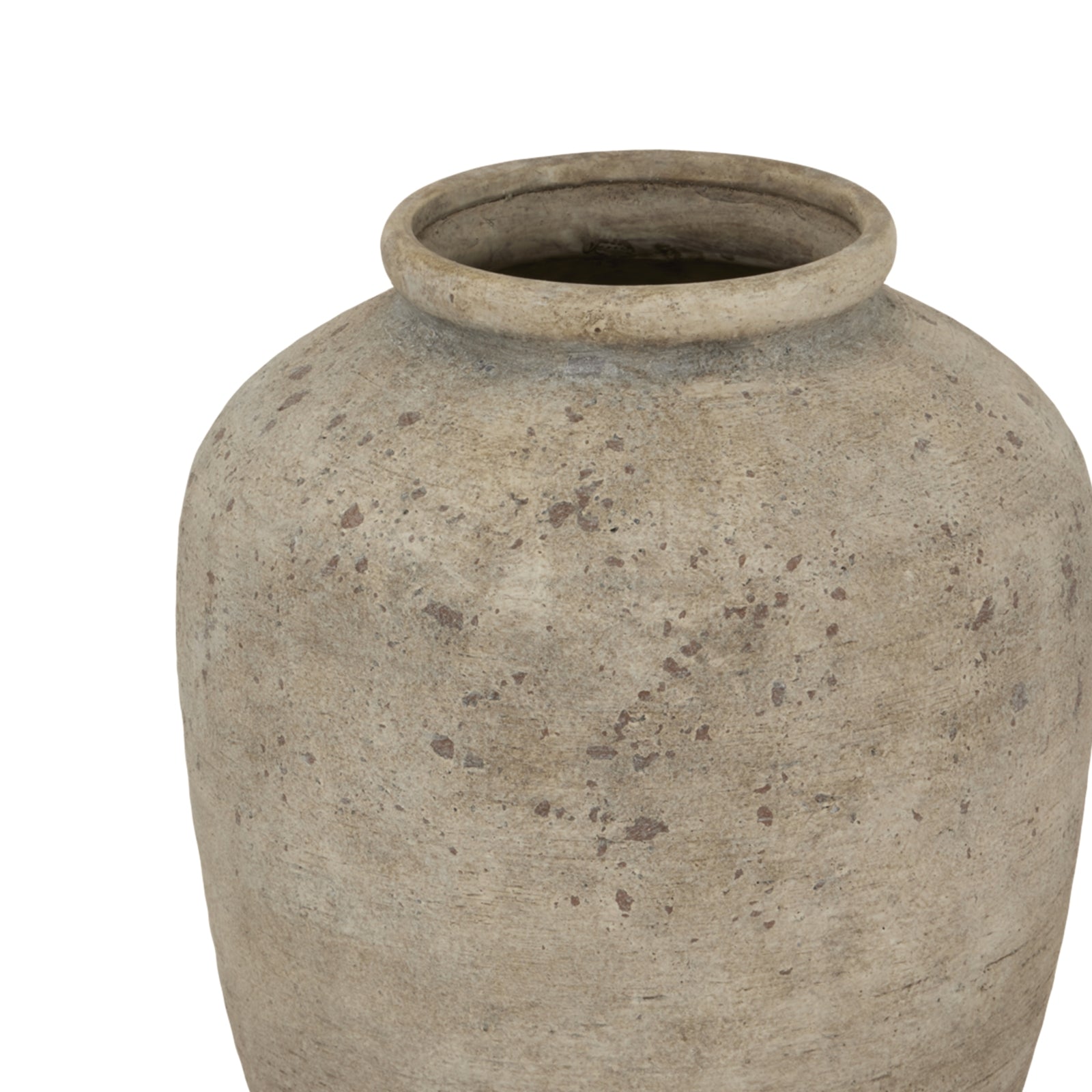 Mottled red vase with a textured surface, featuring unique variations for a sophisticated touch to any decor.